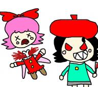 Adeleine black_hair blood decapitation evil fairy funny gore kirby_(series) knife pink_hair ribbon_(kirby) // 858x761 // 288.9KB